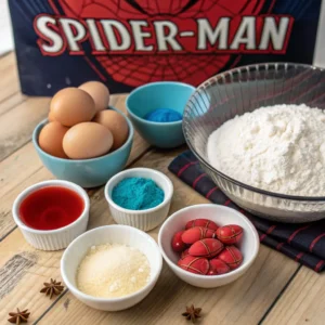 Homemade Spiderman cake with a red web design, fresh cream filling, and a Spiderman topper, garnished with strawberries and blueberries.