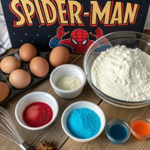 Spiderman cake ingredients, including eggs, flour, colorful food coloring, sugar, and decorative candy in red and blue, arranged with a Spiderman-themed backdrop.