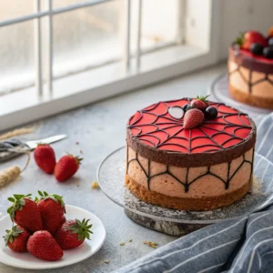 Ingredients for making a Spiderman-themed cake, including eggs, flour, colorful food coloring in red, blue, and orange, and a whisk on a wooden surface with a Spiderman-themed backdrop.