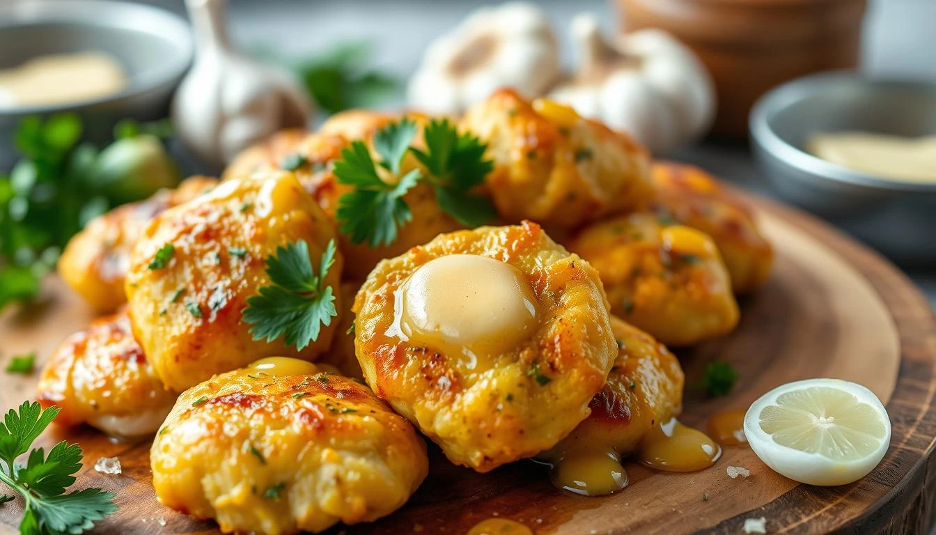 Golden Garlic Butter Chicken Bites on a Skillet