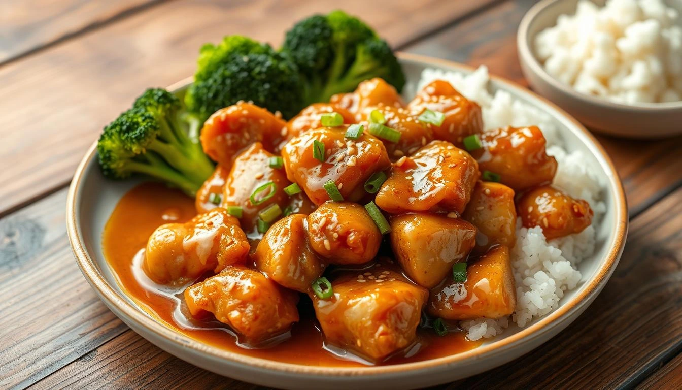 Honey Garlic Chicken on a Plate with Rice and Vegetables