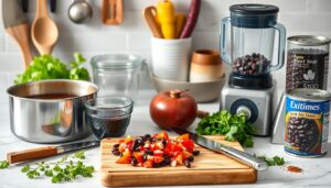 Kitchen tools for purple black bean soup preparation