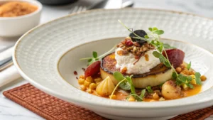 Close-up of a steaming Terra Massoud dish, highlighting its rich textures and vibrant colors, served on a traditional plate.