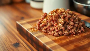 Perfectly browned ground beef taco meat with a blend of cumin, chili powder, and paprika in a pan.