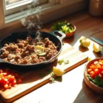 Juicy, seasoned taco meat cooking in a skillet with steam rising, showcasing rich spices and texture.