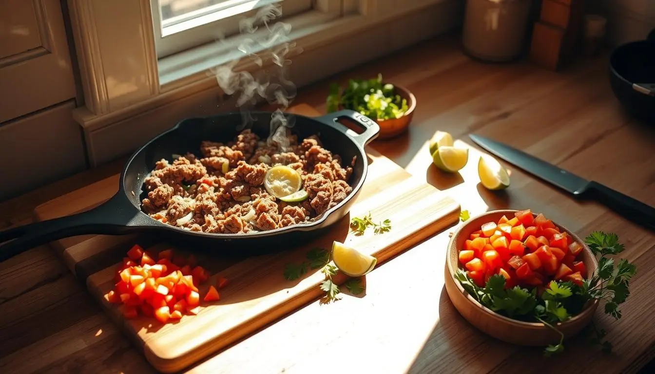 Juicy, seasoned taco meat cooking in a skillet with steam rising, showcasing rich spices and texture.