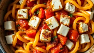 A baking dish with feta cheese melting into roasted cherry tomatoes, creating a vibrant and flavorful Mediterranean pasta sauce.