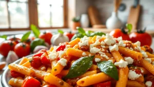 A close-up of a one-pan baked feta pasta with melted feta cheese, bursting cherry tomatoes, and a drizzle of olive oil.