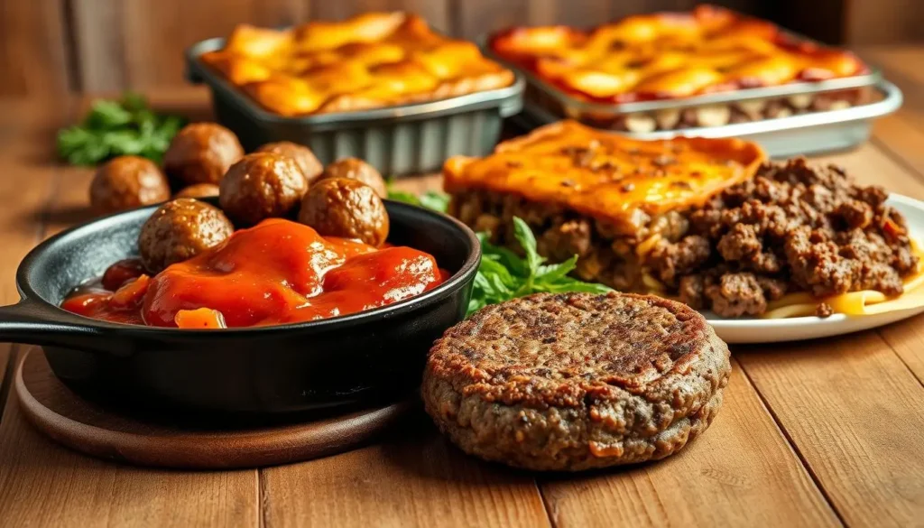 A skillet filled with cooked ground beef and vegetables on a stovetop.