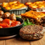 A skillet filled with cooked ground beef and vegetables on a stovetop.