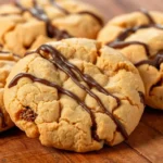 Close-up of freshly baked soft peanut butter cookies on a tray.