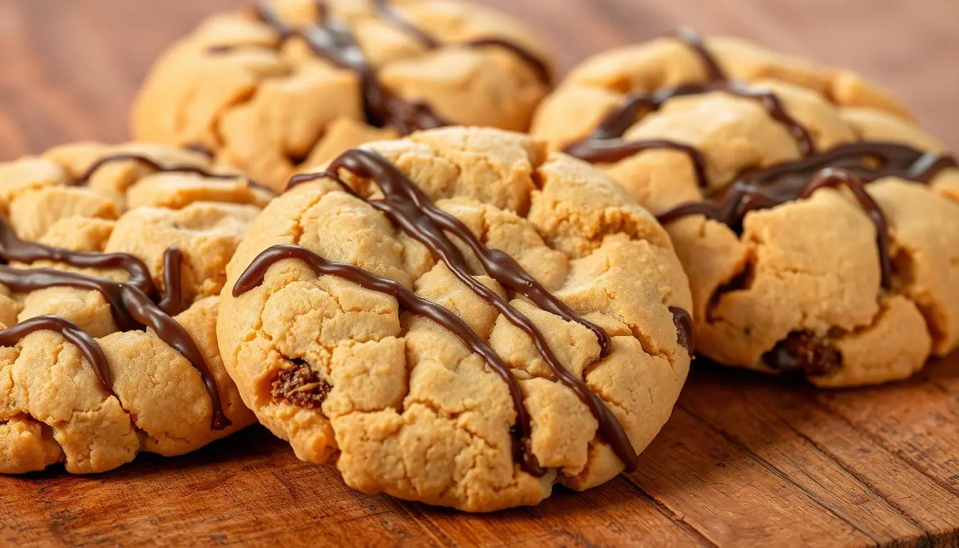 Close-up of freshly baked soft peanut butter cookies on a tray.