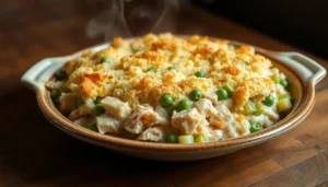 Quick tuna casserole served in a white baking dish, garnished with parsley.