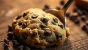 A hand holding a spoonful of edible cookie dough, with chocolate chips in the background.