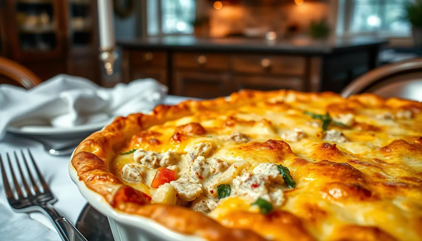 A creamy baked tuna casserole topped with golden breadcrumbs.