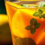 A refreshing glass of homemade mango iced tea with ice cubes and mint leaves, perfect for a summer day.