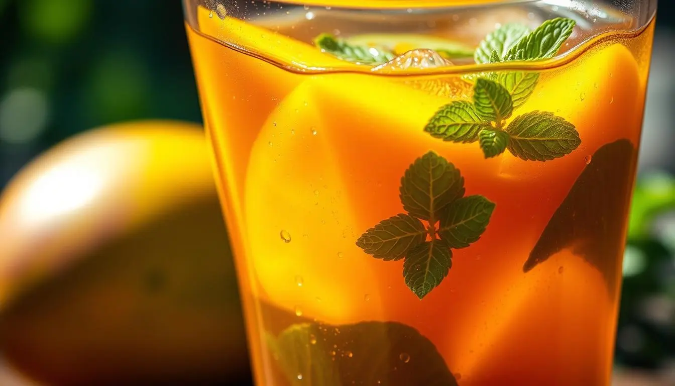 A refreshing glass of homemade mango iced tea with ice cubes and mint leaves, perfect for a summer day.