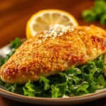 A plate of crispy Longhorn Steakhouse Parmesan Chicken with creamy sauce.