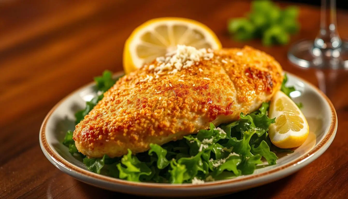 A plate of crispy Longhorn Steakhouse Parmesan Chicken with creamy sauce.