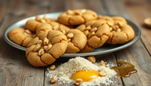 Peanut butter cookies with fork marks arranged on a cooling rack.