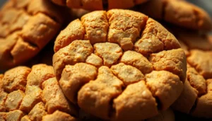 Golden brown peanut butter cookies stacked on a white plate.