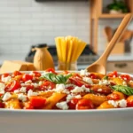 A creamy and cheesy baked feta pasta dish with roasted cherry tomatoes and fresh basil, served in a white bowl.