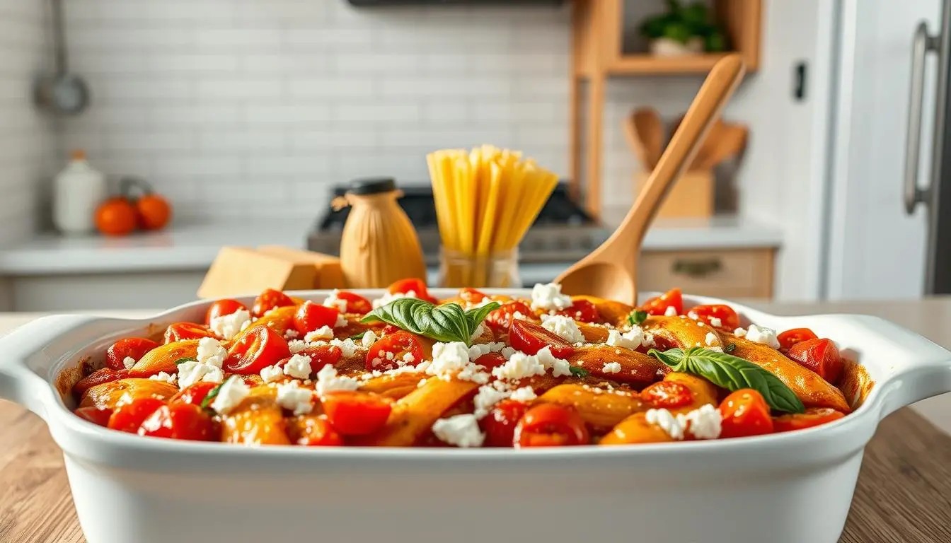 A creamy and cheesy baked feta pasta dish with roasted cherry tomatoes and fresh basil, served in a white bowl.