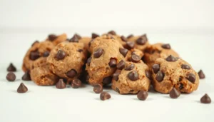 A spoonful of edible cookie dough with chocolate chips, ready to eat.