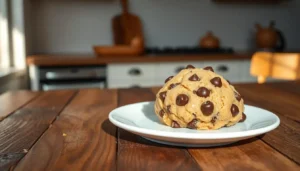 A scoop of edible chocolate chip cookie dough on parchment paper with a bite taken out.