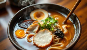 A variety of ramen bowls featuring different broths and toppings, including miso, soy sauce, and chili oil.