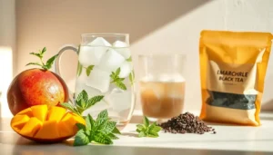 A pitcher of homemade mango iced tea served with slices of mango and mint leaves.