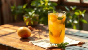 A tall glass of chilled homemade mango iced tea with a slice of lime and a sprig of mint.