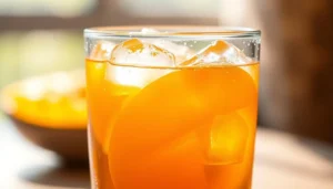 A vibrant and refreshing glass of homemade mango iced tea garnished with fresh mango slices.