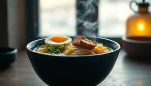 A bowl of instant ramen noodles garnished with fresh herbs, sliced chicken, and a drizzle of spicy sauce.