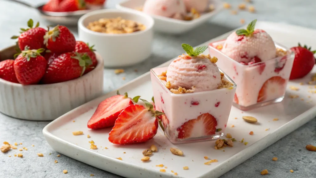 A close-up of frozen strawberry yogurt clusters with vibrant strawberry pieces coated in creamy yogurt.