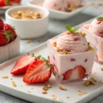 A close-up of frozen strawberry yogurt clusters with vibrant strawberry pieces coated in creamy yogurt.