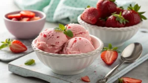 Frozen yogurt clusters with strawberry chunks, showing a mix of creamy yogurt and fruit pieces.