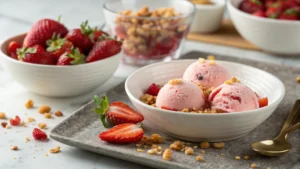 Frozen strawberry yogurt clusters served in a bowl, showcasing their bright pink color and yogurt coating.