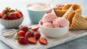 Frozen strawberry yogurt clusters arranged on a tray, showcasing their frozen, creamy texture.