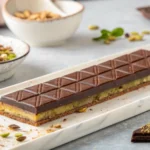 A delicious knafeh chocolate bar with crispy golden layers and a gooey chocolate filling.