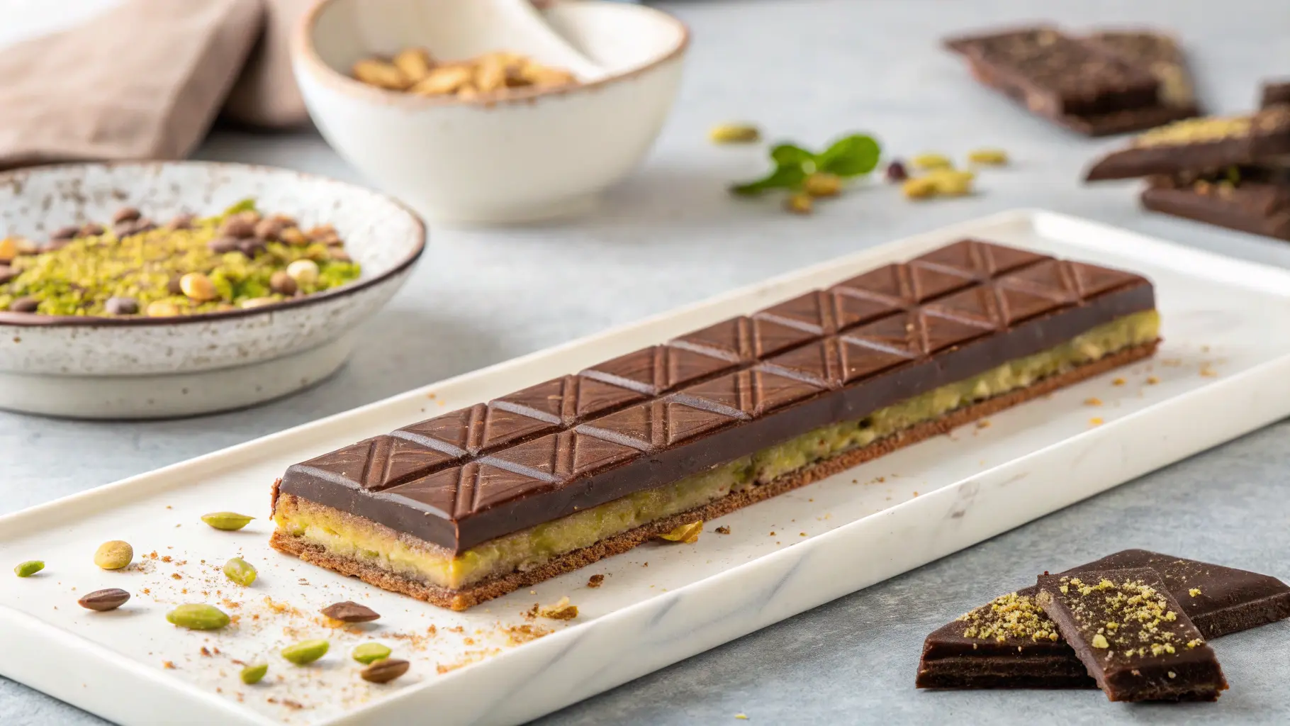 A delicious knafeh chocolate bar with crispy golden layers and a gooey chocolate filling.