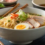 A steaming bowl of ramen noodles topped with soft-boiled eggs, scallions, and sesame seeds.