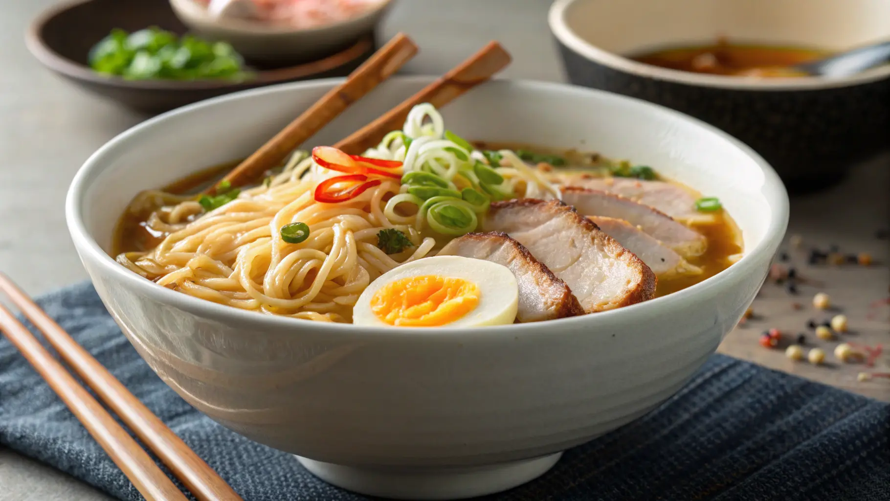 A steaming bowl of ramen noodles topped with soft-boiled eggs, scallions, and sesame seeds.