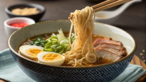 A pot of freshly cooked ramen noodles being lifted with chopsticks.