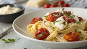 A bowl of pasta topped with roasted tomatoes, ricotta, and fresh herbs, placed on a rustic wooden table.