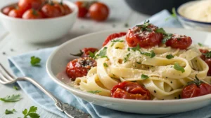 A plate of pasta with roasted tomatoes, ricotta cheese, and a sprinkle of Parmesan, served with a side of garlic bread.