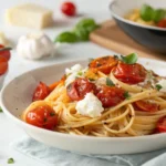 Close-up of pasta with roasted cherry tomatoes, creamy ricotta, and fresh basil in a white bowl.