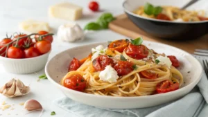 Close-up of pasta with roasted cherry tomatoes, creamy ricotta, and fresh basil in a white bowl.