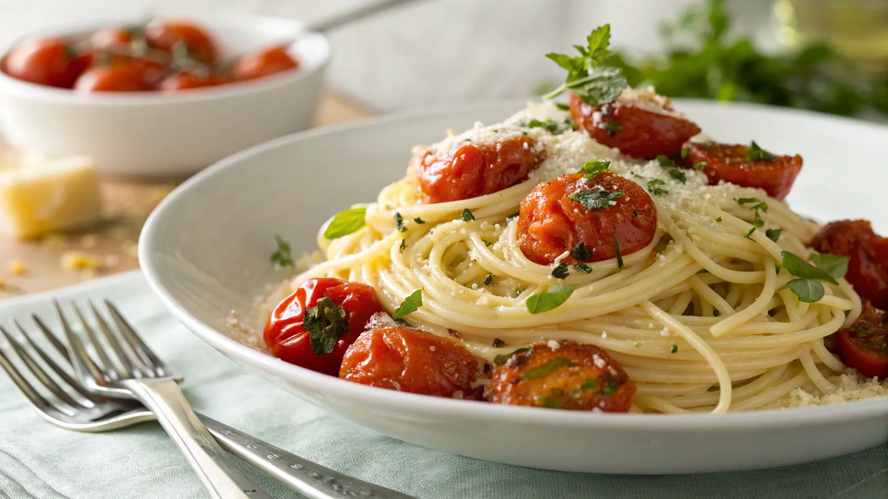 A bowl of creamy roasted tomato and garlic ricotta pasta, garnished with fresh basil and Parmesan cheese.