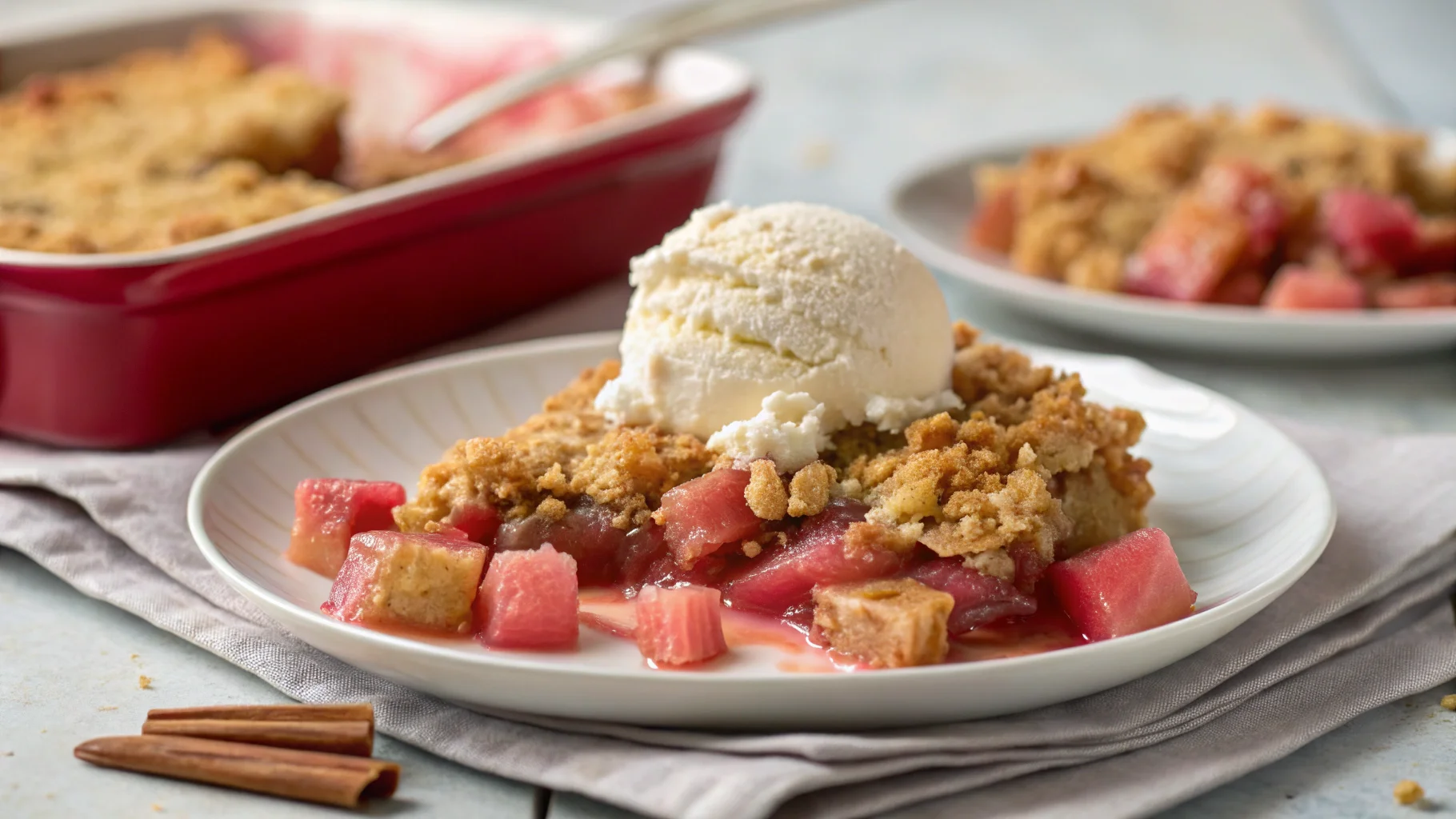 Baked rhubarb crisp with golden oat topping in a white dish.